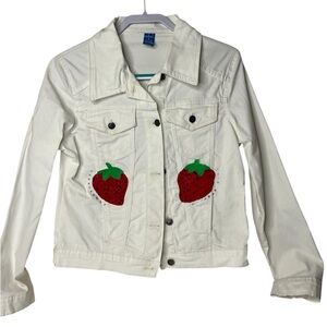 White Denim Jacket with Strawberry Patches